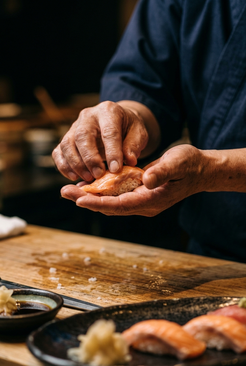 鮨を握る大将の手